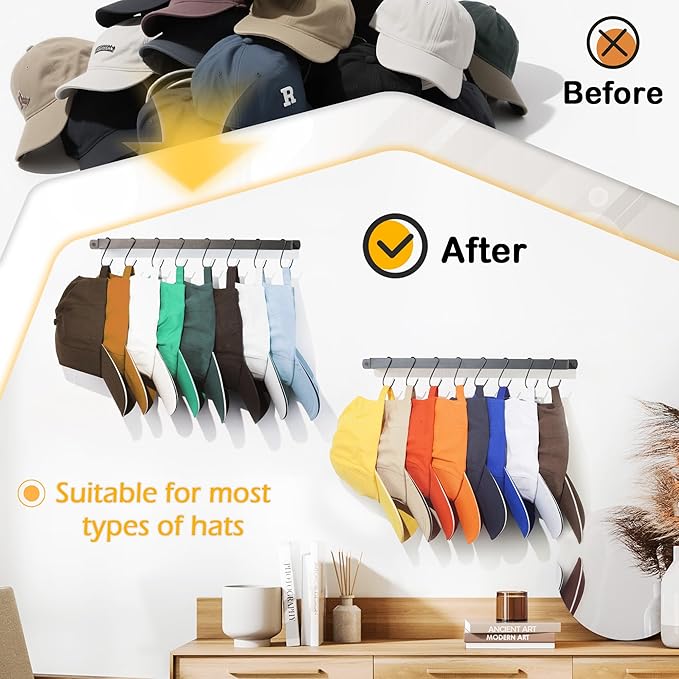 AQAREA Hat Rack Closet Storage Wall: 12 Adjustable Stainless Steel Clips and 17 Inch Hat Holder - Hat Hanger Display Space Saving - Tie Belt Hanger for Closet Storage Solution - 2 Pack