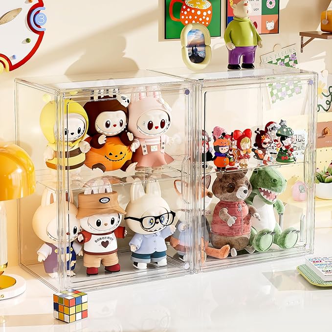 Acrylic Clear Display Case, Stackable Plastic Storage Bins with Shelf, Figure Figurine Hobby Display Case with Magnetic Lid, Large Acrylic Display Box for Collectibles, Figures, 2 Pack