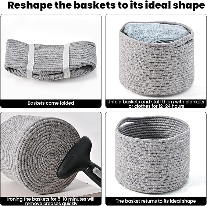 ICERZCZ Small Storage Baskets for Organizing, Organizer Baskets for Shelves, Small Woven Basket for Storage, Cute Basket for Gifts Empty, Soft Cotton Rope Baskets, 9.7"×9.7"×7" (3 Packs) Grey