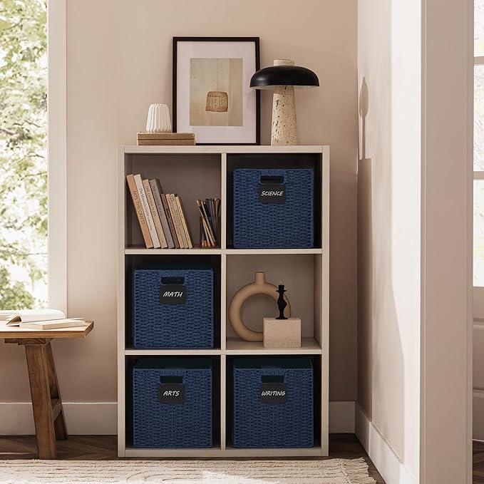 UBBCARE 4 Pack Wicker Basket, 10.5×10.5 Storage Cubes with Label, Foldable Cube Storage Bin with Handle, Square Storage Basket for Shelves, Woven Paper Rope Basket for Organizing, Blue