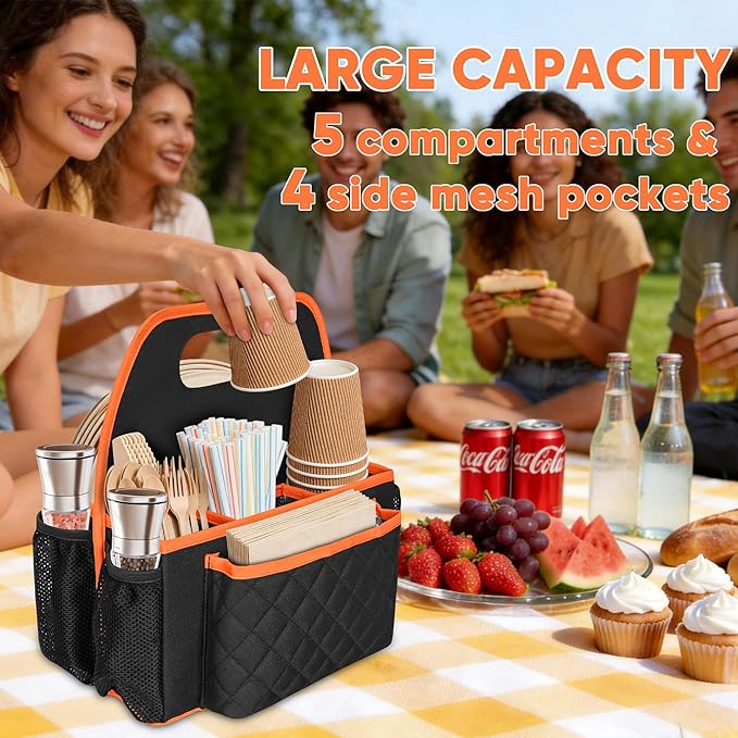 CROTIRAD Foldable Utensil Holder for Party with 9 Compartments, Paper Plate Organizer for Countertop with Top Handle, Buffet Silverware Utensil Caddy for Plate Cup Fork Spoon Napkin, Black