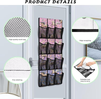 Flower Horse Over Door Organizer, 12 Compartment Breathable Mesh Hanging Shoe Rack, Waterproof Durable Door Hanger for Bedroom Closet & Dorm Room Storage