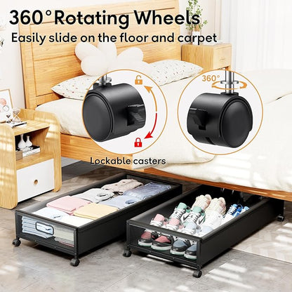 Under Bed Storage with Wheels，4 Pack Under Bed Storage Containers,Underbed Shoe Storage Bedroom Large Capacity Under Bed Storage with Lid for Clothes Shoes Toys Blankets