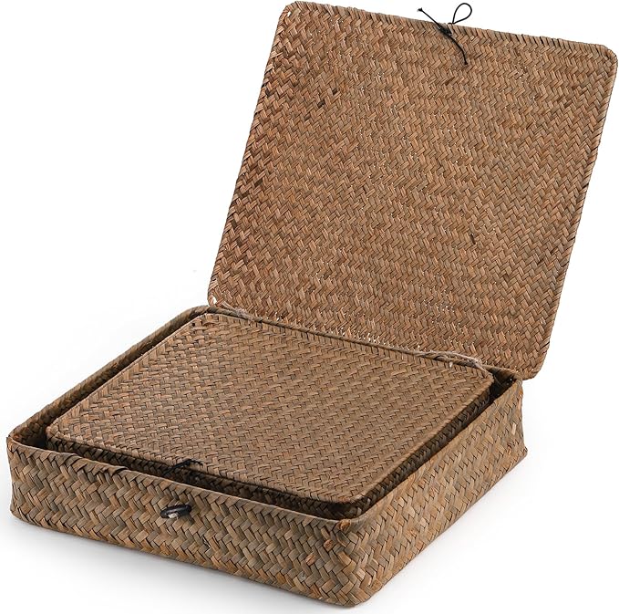 Elsjoy 2 Pack Flat Wicker Woven Storage Bins with Lid and Wood Toggle, Natural Handmade Seagrass Basket Set, Rattan Organizer Bins for Shelf, Closet, Bedroom
