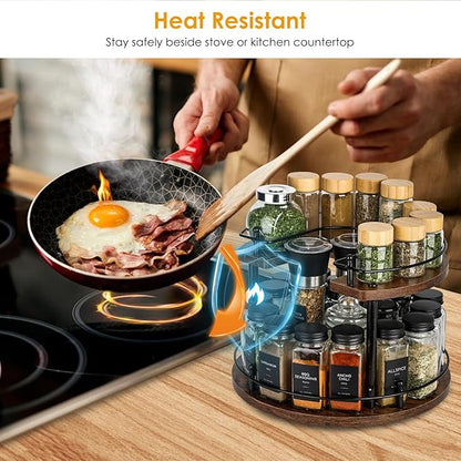 Turntable Lazy Susan Organizer Spice Rack, 2Tier Wooden Spinning Revolving Organizer Height Adjustable,12'' Seasoning Rotating Spice Rack for Cabinet,Kitchen Countertop,Dining Table,Vanity Storage