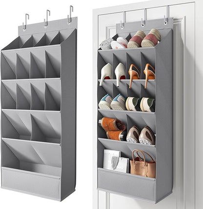 18 Pairs Over the Door Shoe Organizer, Shoe Rack for Closet Door with Large Breathable Pockets, Hanging Shoes Rack for Boots, Behind the Door Organizer Shoe Holder for Categorized Storage, Grey ﻿