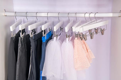 Quality 11 Inches Kids Wooden Pants Hangers 20 Pack - Skirt Hangers with Adjustable Metal Clips 360° Swivel Chrome Hook & Nonslip Notches- Ideal for Clothes Size 8 and Smaller (White, 20)