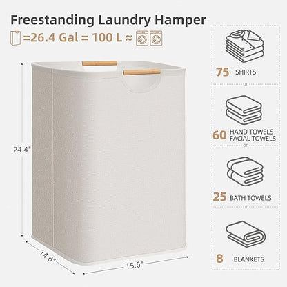 STORAGE MANIAC 1-Pack Large Laundry Hamper, 100L (26.4 Gal) Collapsible Laundry Basket with Bamboo Handles, Freestanding Waterproof Clothes Hamper for Laundry Room, Bedroom, Dorm, Towels, Toys, White