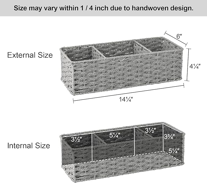 StorageWorks 3-Section Wicker Baskets for Shelves, Hand-Woven Round Paper Rope Storage Baskets, Gray, 2-Pack