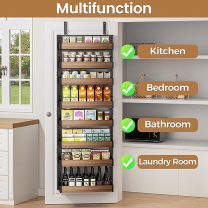 POKIPO 8 Tier Over The Door Pantry Organizer, 2 IN 1 Wall Mount or Hanging Spice Rack Seasoning Shelves with Adjustable Basket, Back of Door Organizer and Storage for Kitchen Cabinet and Room Closet