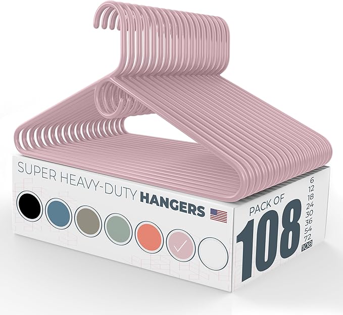 Super Heavy Duty Clothes Hangers 100 Pack (108 Count) – Made in the USA - 10lb Capacity, Thick Plastic Hangers for Pants, Coats, Jackets, Jeans and Adult Clothing – Pink