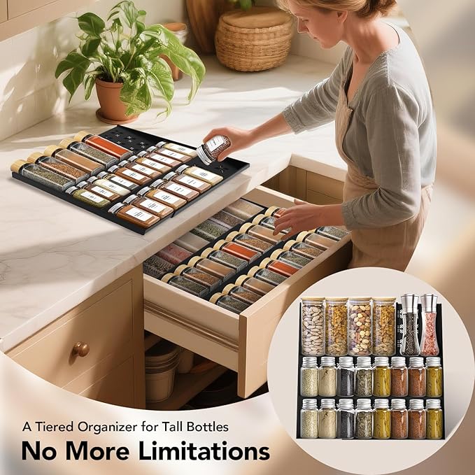 Spice Drawer Organizer 3-Tier Expandable (11"-22" Wide), Spice Rack for Cabinet with Funnel & Spice Labels, Fits Large Jars, Seasoning Storage Insert Design for Cabinet & Drawer (Black)