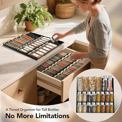 Spice Drawer Organizer 3-Tier Expandable (11"-22" Wide), Spice Rack for Cabinet with Funnel & Spice Labels, Fits Large Jars, Seasoning Storage Insert Design for Cabinet & Drawer (Black)