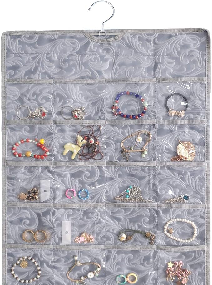 BB Brotrade Hanging Jewelry Organizer,Double Sided Jewelry Storage Organizer with Embossed Pattern,80 Clear PVC Pockets Organizer for Holding Jewelries (Grey)