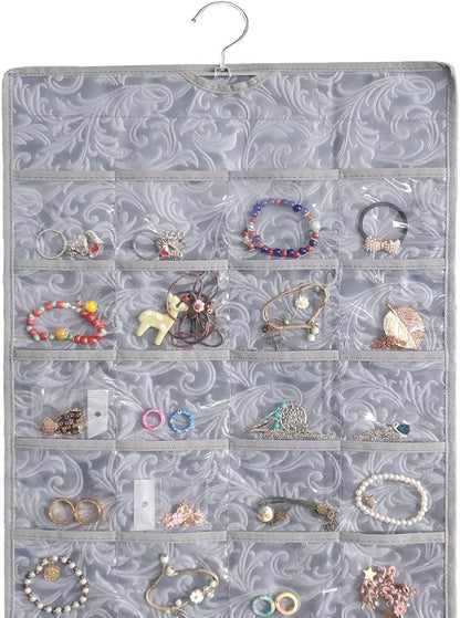 BB Brotrade Hanging Jewelry Organizer,Double Sided Jewelry Storage Organizer with Embossed Pattern,80 Clear PVC Pockets Organizer for Holding Jewelries (Grey)
