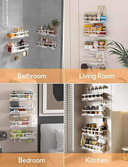Spice Rack Wall Mount with Hooks - Spice Racks Organizer for Cabinet Storage, Wall Mounted Hanging Shelf Seasoning Organizer, for Kitchen, Pantry Door, Bathroom (White, 2 Pack)