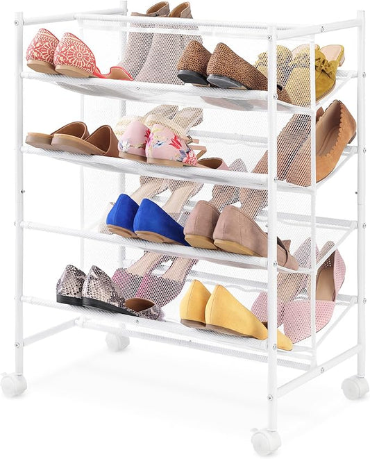 Whitmor 4-Tier Rolling Shoe Cart - Mesh & Metal - Holds up to 24 pairs of Shoes - Double Sided，4-Tier