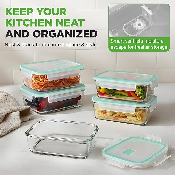 NutriChef 10 Piece Glass Food Storage Containers with Lids – 30 oz Meal Prep Containers Reusable Glass – Airtight Lunch Containers for Food Storage – Freezer to Oven Safe - Green
