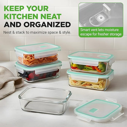 NutriChef 10 Piece Glass Food Storage Containers with Lids – 30 oz Meal Prep Containers Reusable Glass – Airtight Lunch Containers for Food Storage – Freezer to Oven Safe - Green