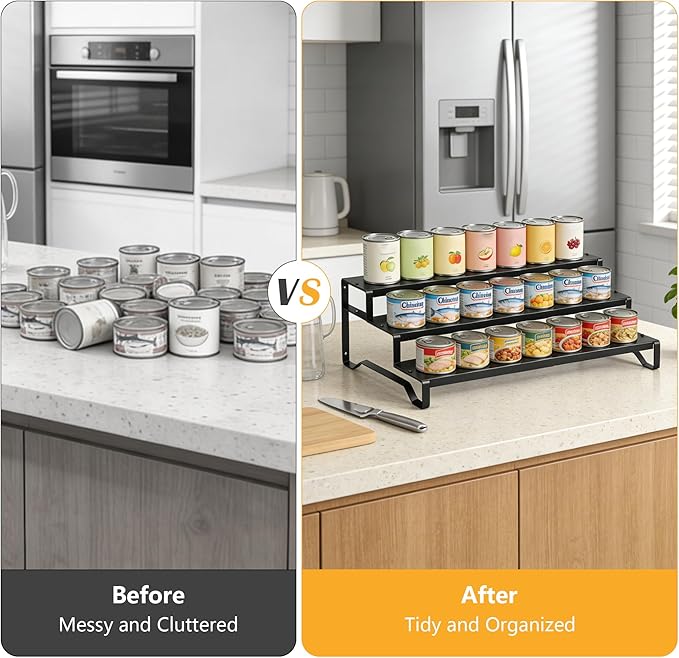 3 Tier Expandable Can Rack Organizer for Pantry, Adjustable 13"-21" Metal Soda Can Organizer, Pantry Organization Canned Food Storage Holder for Kitchen Cabinet Countertop, Black 1Pack