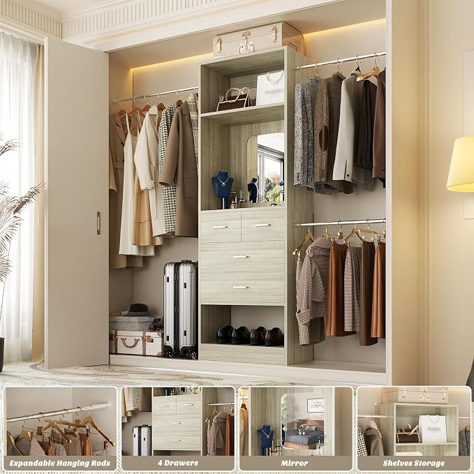 Unikito 8FT Closet System, Customizable 96” Closet Storage Organizer with 25” Tower and 3 Extendable Hanging Rods (Can Be Cut to Fit), Heavy Duty Clothing Racks with 4 Drawers and Shelves, White Oak