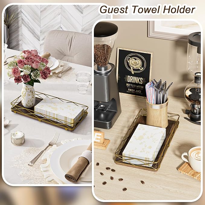 Lixple Toilet Paper Basket Holder, 13" Toilet Tank Tray, Wood and Metal Toilet Tray Vanity Organizer Bathroom Tray, Kitchen Sink Organizer for Soap Dispenser (Brown+Gold)