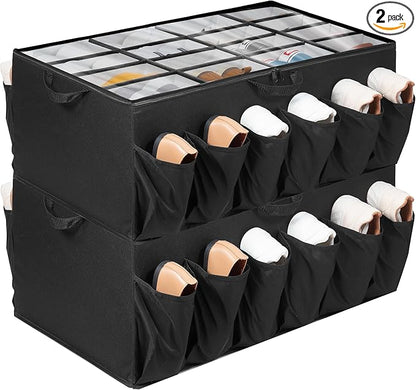 Extra Large Shoe Organizer for Closet, Fits up to 28 Pairs, Fabric Shoe Box Storage Containers with Adjustable Dividers and Clear Cover, Black, 2 Pack