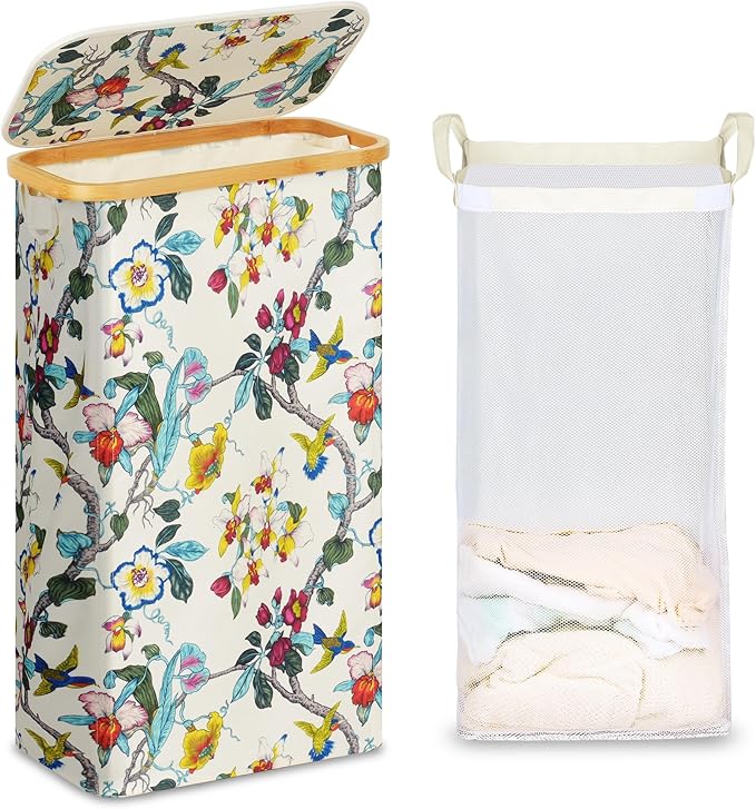 efluky Slim Laundry Basket with Lid, Narrow Laundry Hamper with Removable Bag, Skinny Dirty Clothes Basket with Bamboo Handles for Bathroom, Bedroom & Laundry Room, 75L Floral