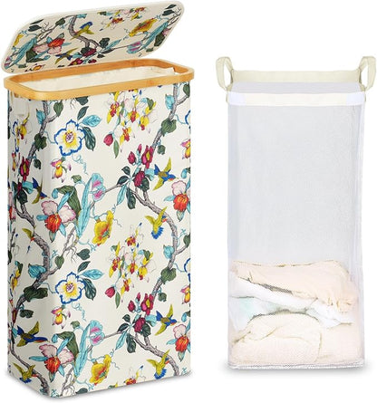 efluky Slim Laundry Basket with Lid, Narrow Laundry Hamper with Removable Bag, Skinny Dirty Clothes Basket with Bamboo Handles for Bathroom, Bedroom & Laundry Room, 75L Floral