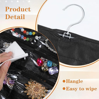 4 Pcs Hanging Jewelry Organizer, Double-Sided Earring Holder with 80 Clear Pockets Black Jewelry Storage Roll with Rotatable Hanger for Earrings, Necklaces, Rings, Bracelets on Closet, Wall, Door