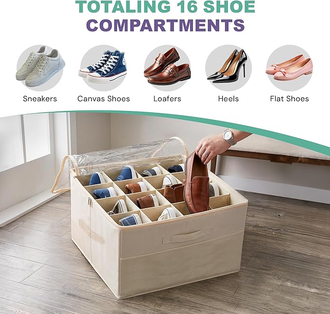 Under Bed Shoe Storage Organizer 16 Compartment, Foldable Shoe Organizer Under Bed with Clear PVC Lid, Shoe Storage Box with Zipper & Handle for Closet Bedroom, Off White, Pack of 2