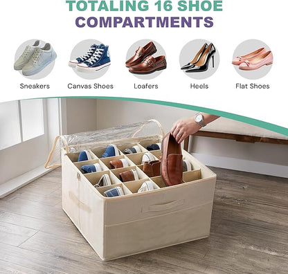 Under Bed Shoe Storage Organizer 16 Compartment, Foldable Shoe Organizer Under Bed with Clear PVC Lid, Shoe Storage Box with Zipper & Handle for Closet Bedroom, Off White, Pack of 2