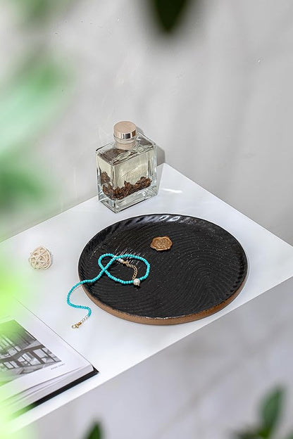 Vanity Tray with Brown Trim - Candle & Perfume Organizer, Round Black 8"8" Home Decor