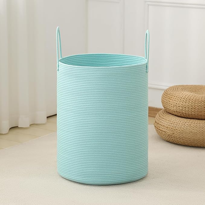 Laundry Basket Hamper Tall Rope Storage Woven for Blanket toys Dirty Clothes in Living Room Bathroom Bedroom (Cyan, 80L/21.3Gal)
