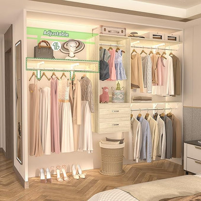 96 Hanging Closet System with 2 Wooden Drawers, 75"–87" Height Adjustable Closet Organizer System with Tower, 4-8FT Custom Closet Shelving System, Wall-Mounted Walk-In Closets Wardrobe, White Oak