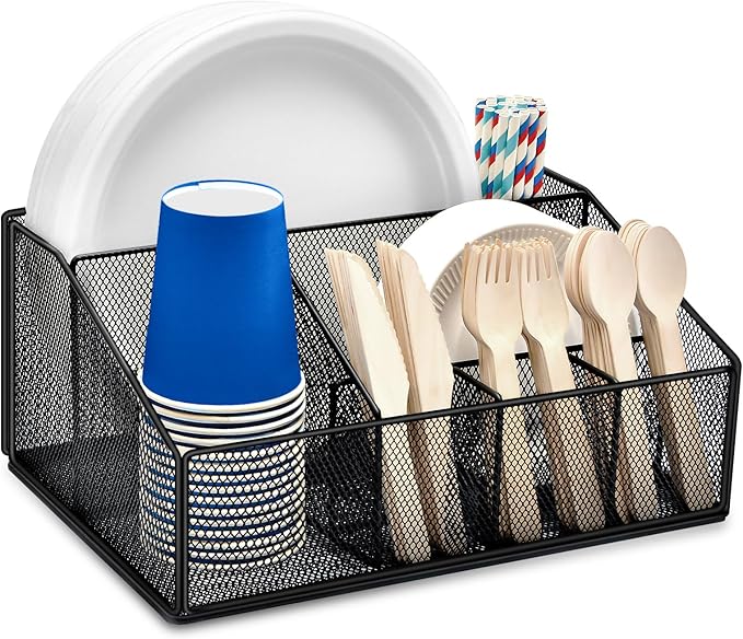 Paper Plate Holder for Countertop,Paper Plate Dispenser,Metal Silverware Caddy with 6 Compartments,Picnic and Camping Utensil Holder for Plates Cups Napkins Forks Knives Spoons-Black