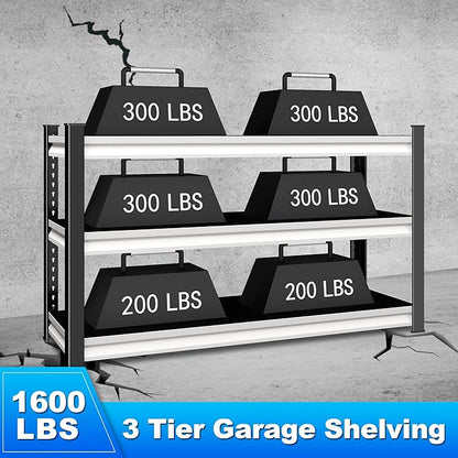 3-Tier Garage Shelving Heavy Duty,48" W Metal Shelving Unit for Garage,1600lbs Load Capacity Utility Rack Shelves & Shelves,48" W x 18" D x 39" H(White)