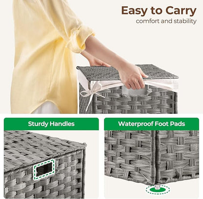 GREENSTELL Storage Basket with Lid, 27.7 Gallon(105L) Lagre Wicker Blanket Storage Basket with Handles, Foldable, 2 Removable Liner Bags, Metal Frame, for Bedroom, Laundry Room, Grey,25.6"*15.7"*15.7"