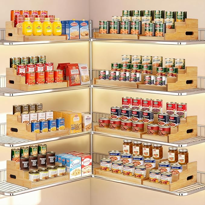 Bamboo Expandable Can Rack Organizer for Pantry, Stackable 3 Tier Canned Food Organizers and Storage, Kitchen Cabinet, Can Holders Dispensers for Pantry Up To 24 Cans