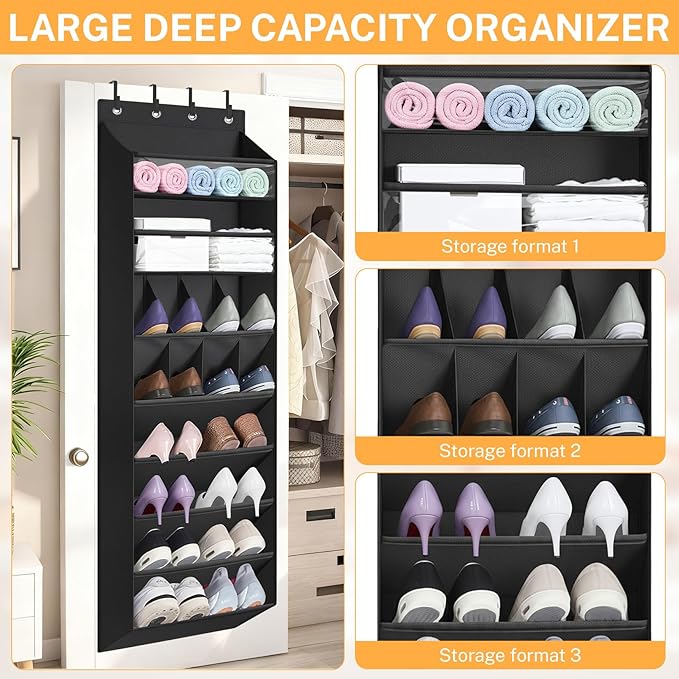 Over The Door Shoe Organizer - Heavy Duty 14-Pocket Hanging Shoe Organizer with Large-Deep Pockets for Boots/Sneakers, Space-Saving Behind Door Storage for Closet, Nursery, RV, Dorm (Black)