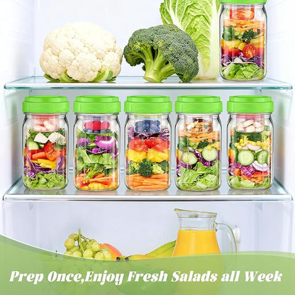 6 Pack Glass Salad Container for Lunch, Salad Jars with Two Dressing Cup for Wet/Dry Separation, Salad Mason Jars with Handle, Leak-proof Meal Prep Containers for Home, Office and Outdoor Use
