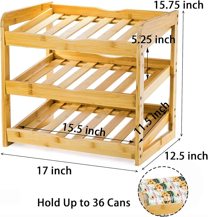 TOPZEA Soda Can Rack Organizer for Pantry, 3 Tier Bamboo Stackable Can Goods Storage Dispenser Shelf Canned Food Holder Stand for Kitchen Coutertop, Cabinet, Hold up to 36 Cans