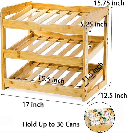 TOPZEA Soda Can Rack Organizer for Pantry, 3 Tier Bamboo Stackable Can Goods Storage Dispenser Shelf Canned Food Holder Stand for Kitchen Coutertop, Cabinet, Hold up to 36 Cans