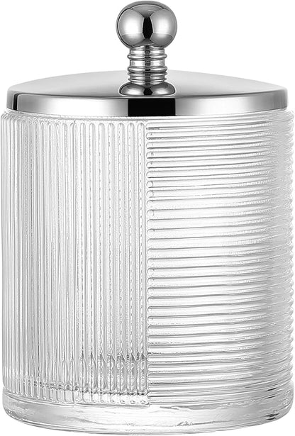 Clear Transparent Apothecary Ribbed Geometric Etched Glass Jar W/Silver/Chrome Metal Lid Cover for Bathroom Organization, Cotton Balls, Q Tips, and Small Accessories, Bathroom Storage