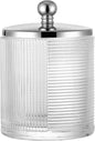 Clear Transparent Apothecary Ribbed Geometric Etched Glass Jar W/Silver/Chrome Metal Lid Cover for Bathroom Organization, Cotton Balls, Q Tips, and Small Accessories, Bathroom Storage