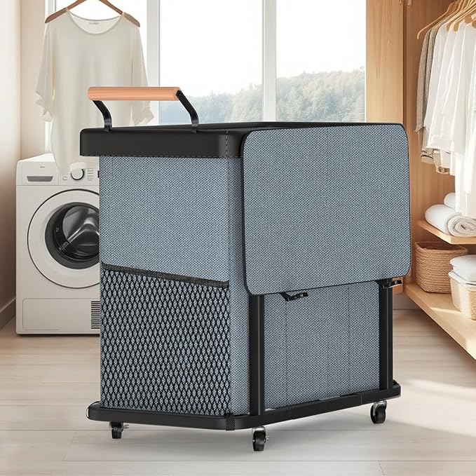 60 Gal (230L) Laundry Hamper 3 Section with Lid, Leather Patchwork Laundry Sorter with Rolling Lockable Wheels and Handle, Laundry Basket Organizer for Laundry Room, Bedroom and Bathroom - Gray