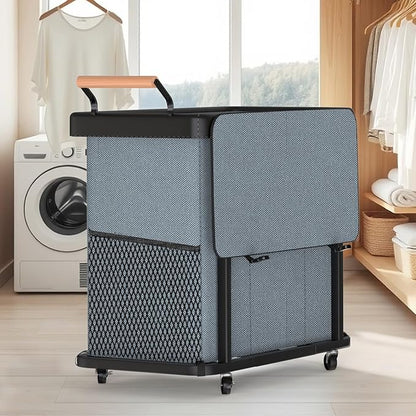 60 Gal (230L) Laundry Hamper 3 Section with Lid, Leather Patchwork Laundry Sorter with Rolling Lockable Wheels and Handle, Laundry Basket Organizer for Laundry Room, Bedroom and Bathroom - Gray