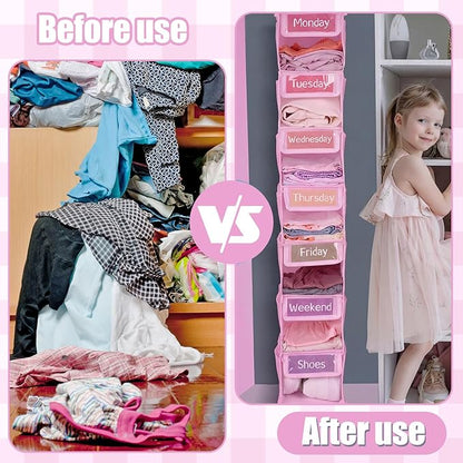 2 Pack 7 Shelf Weekly Clothes Organizer Hanging Closet for Kids with Side Pockets Weekday Shoes Rack Weekly Clothes Organizers Monday Through Weekend Foldable Storage Shelves(Pink)