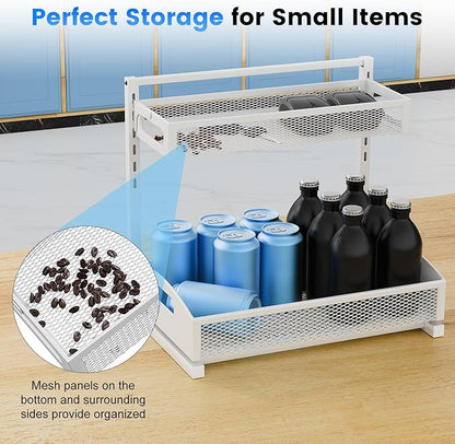 Petiza Metal Under Sink Organizer, Pull Out Cabinet Organizer Rack with Silk-Smooth Bottom Drawer, 5-Level Adjustable, Multi-Purpose Storage Shelf for Bathroom, Kitchen, Vanity, Pantry (2-Pack)