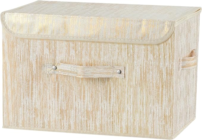 Decorative Storage Boxes with Lid Luxury Metallic Fabric Storage Bins Organizer Containers Collapsible Shelf Baskets with Handles for Home Bedroom Closet Office (Gold, Large Size)